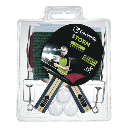 SET STORM PLUS (2 spaðar 2 stjörnur + 3 kúlur, net, stangir) – Alhliða borðtennissett